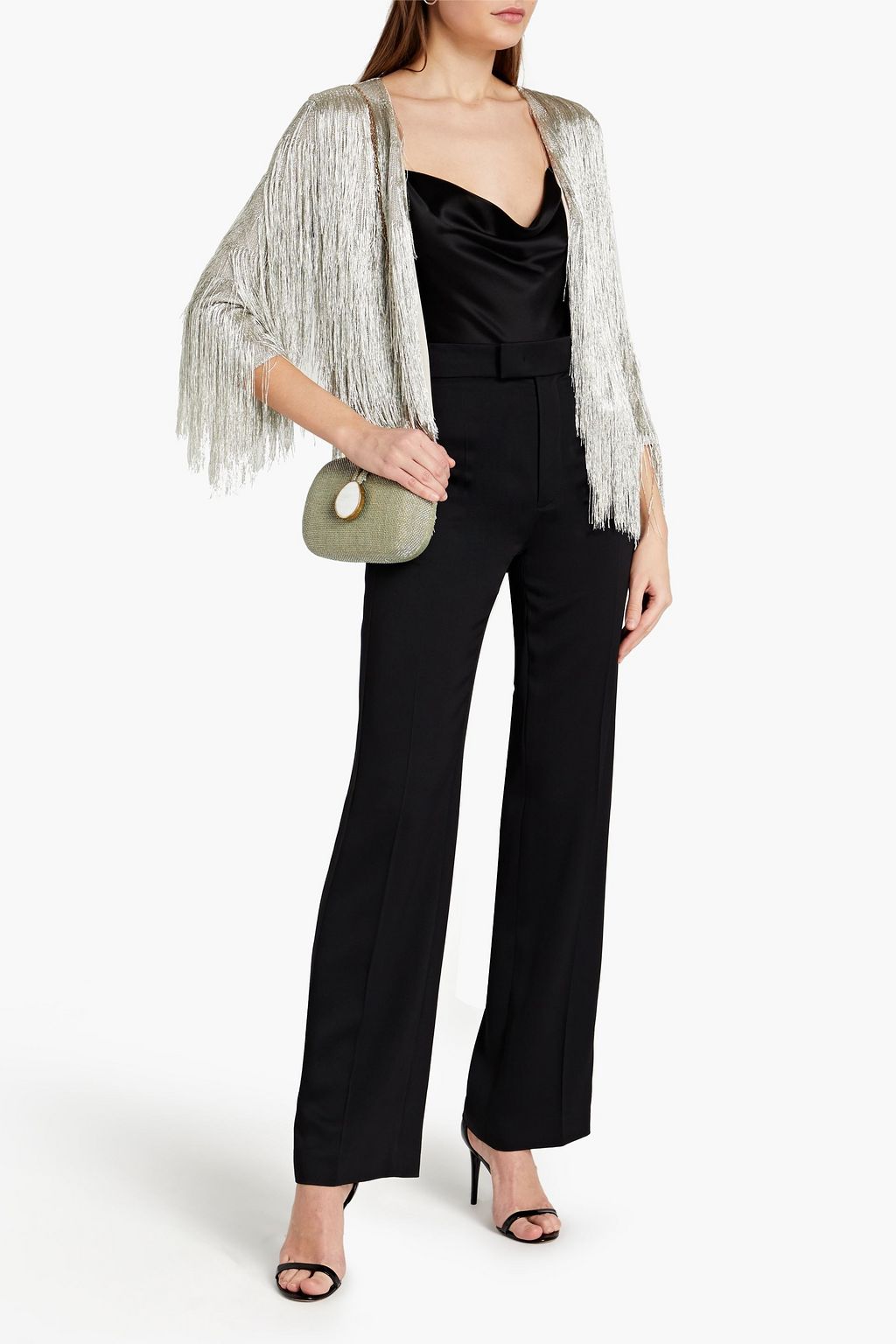 RACHEL ZOE Fringed cropped metallic knitted jacket