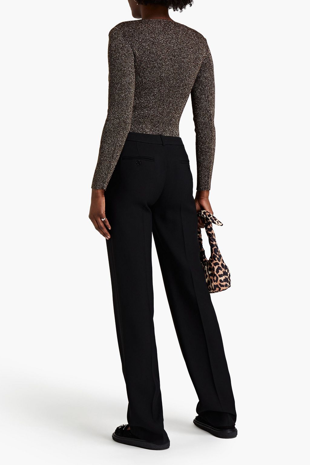 GANNI Lace-up metallic ribbed-knit sweater