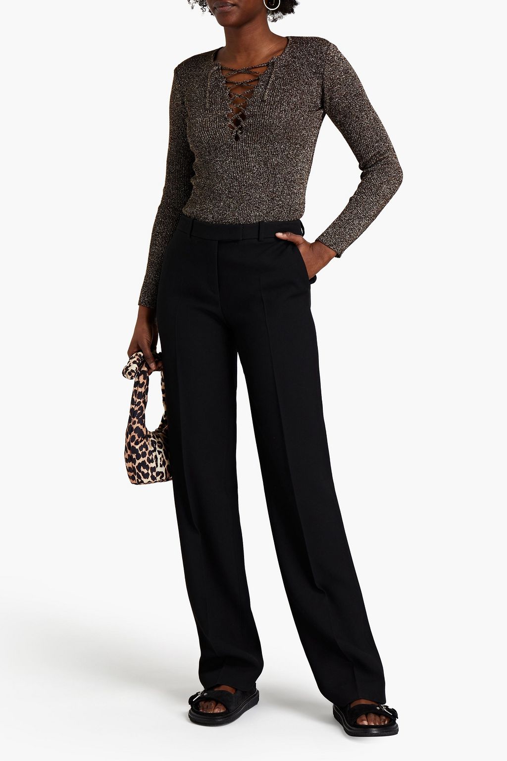 GANNI Lace-up metallic ribbed-knit sweater
