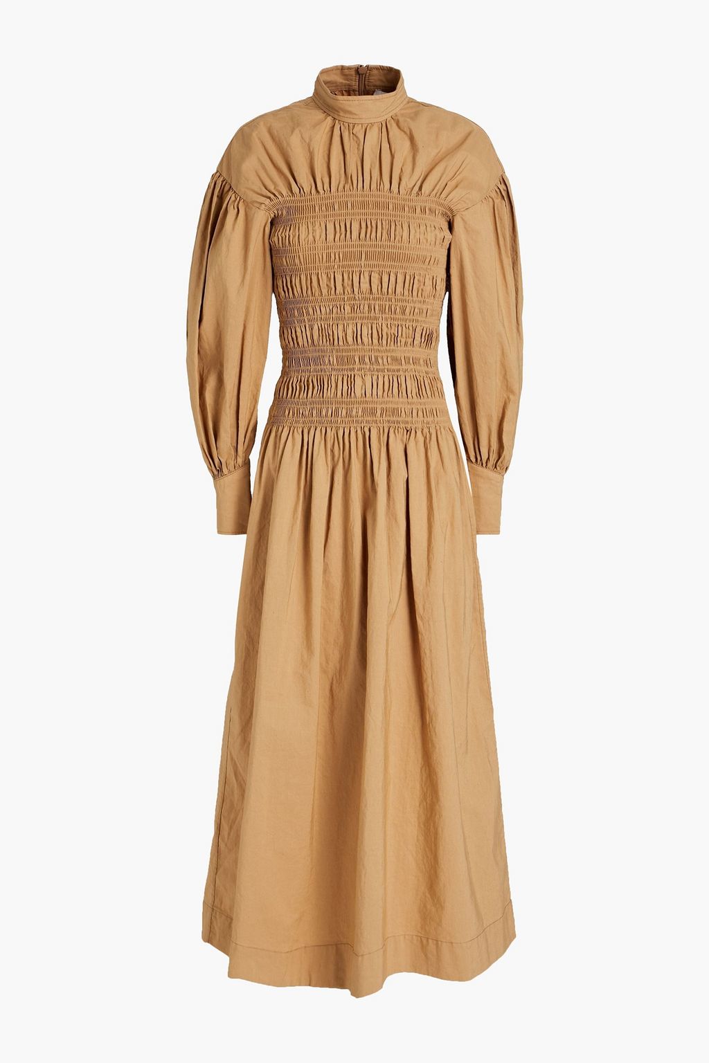 Sand Gathered organic cotton and linen-blend poplin midi dress | GANNI | THE OUTNET