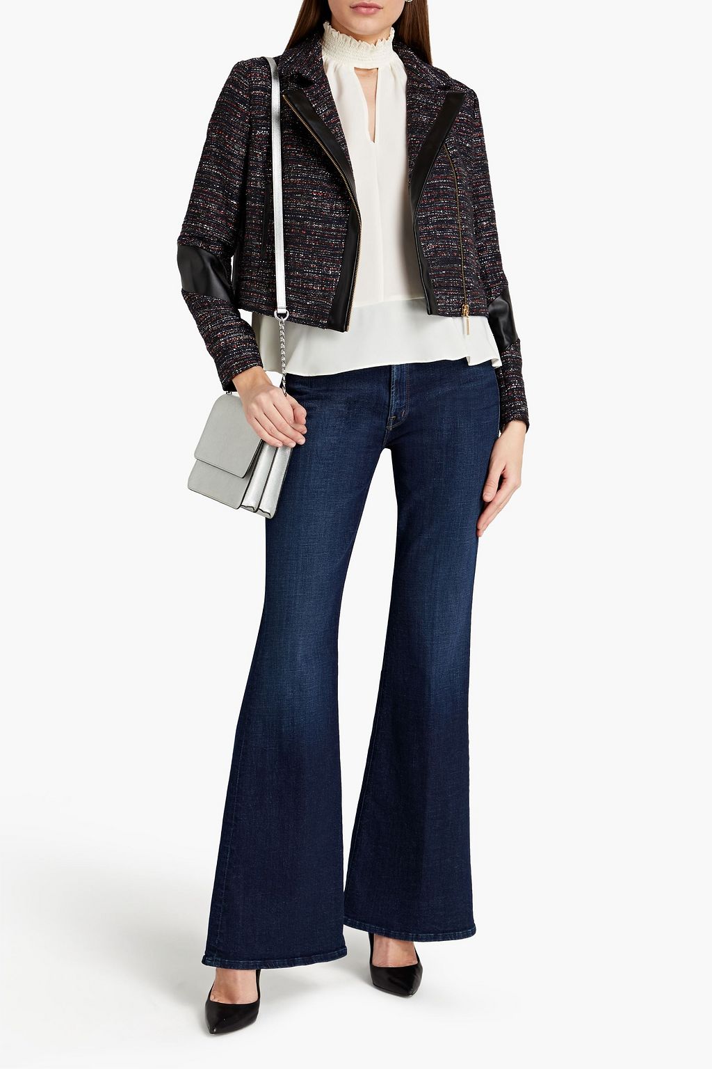 RACHEL ZOE Cropped faux leather-trimmed metallic tweed jacket