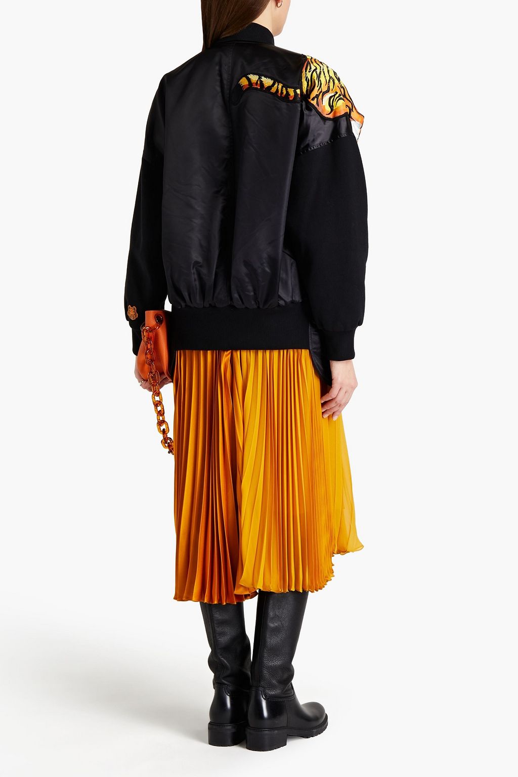 KENZO X KANSAI YAMAMOTO Asymmetric fleece-paneled appliquéd satin jacket