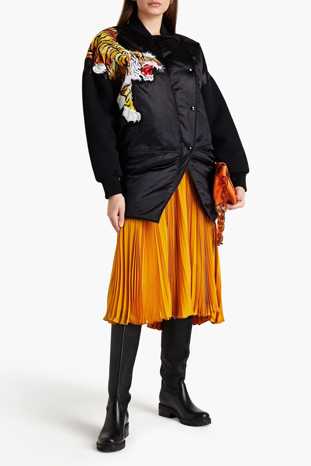 KENZO X KANSAI YAMAMOTO Asymmetric fleece-paneled appliquéd satin jacket