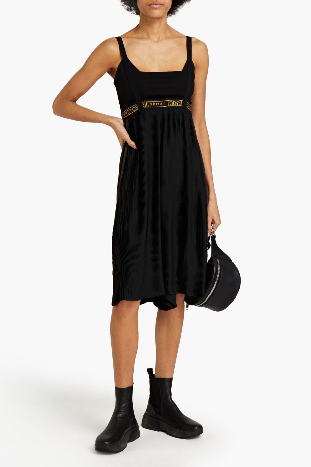 ROBERTO CAVALLI Jersey-paneled metallic-trimmed pleated satin playsuit