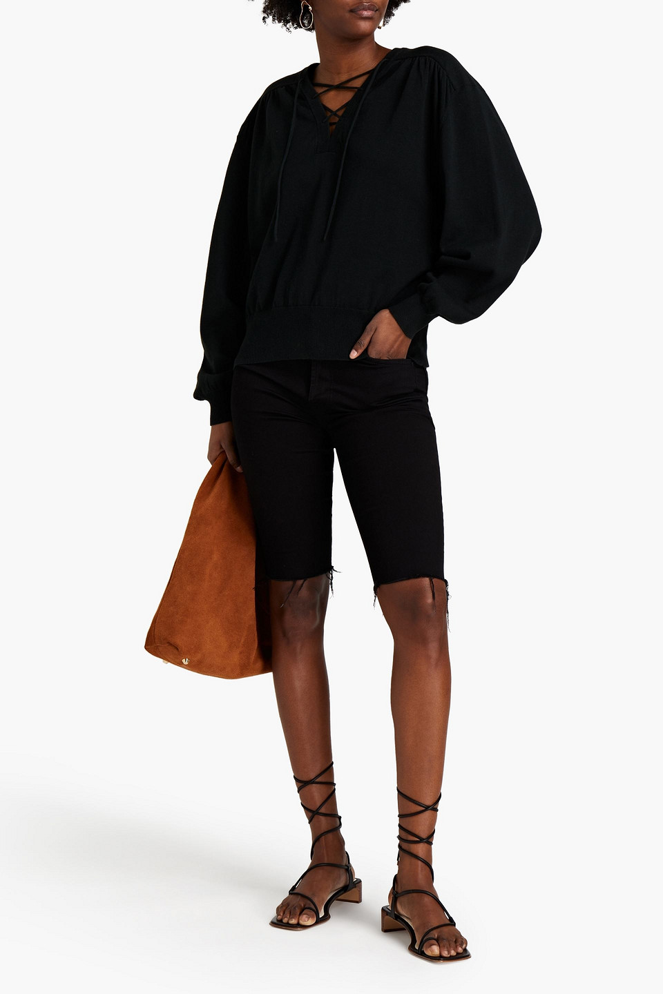 See By Chloé Lace-up Gathered Linen And Cotton-blend Jumper In Black
