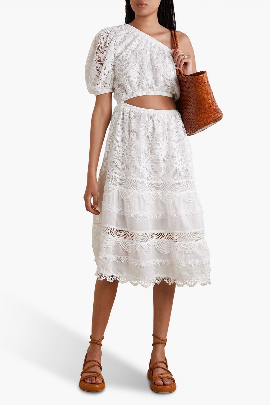 WAIMARI Jade one-shoulder guipure lace and cotton-blend voile midi dress