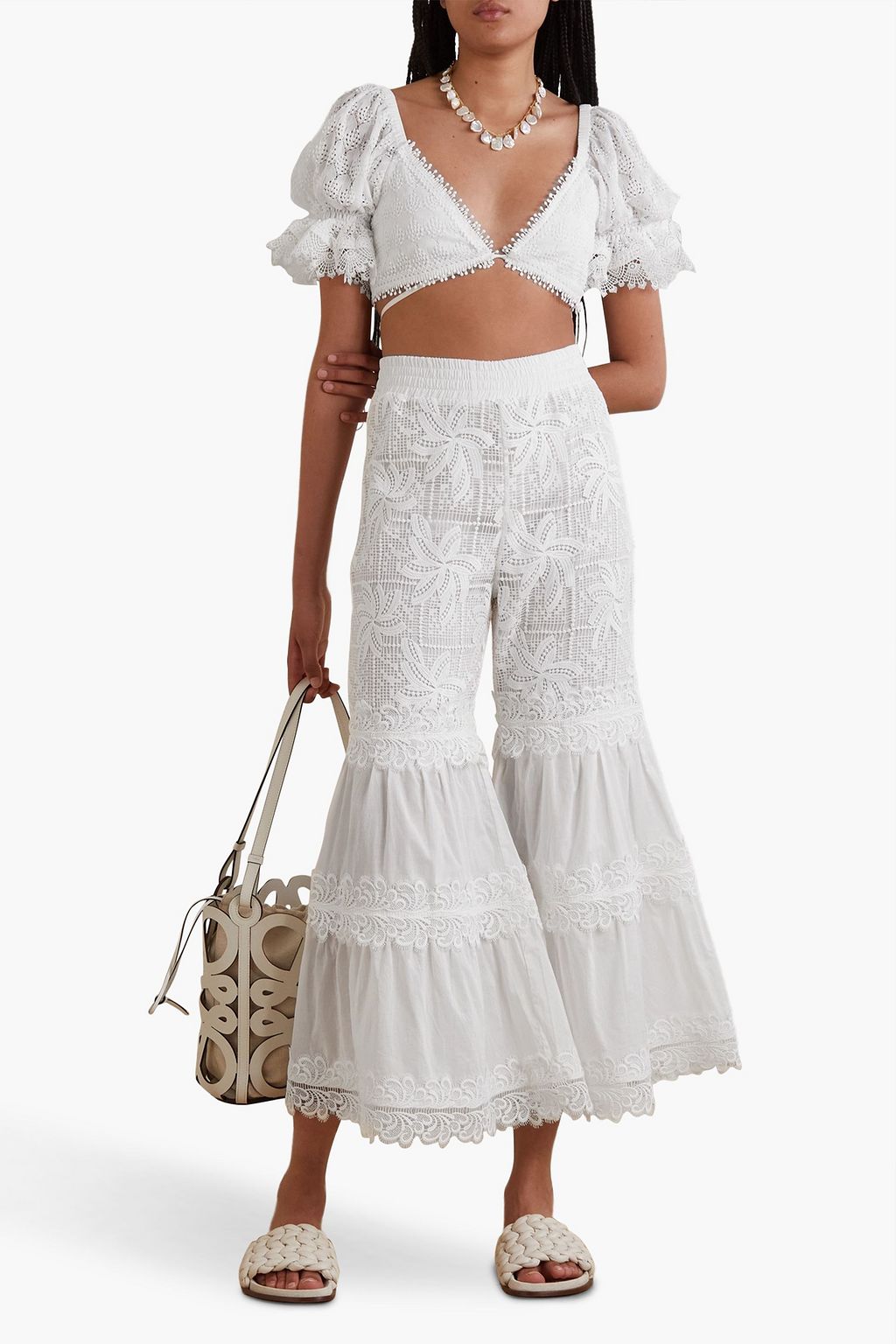 WAIMARI Chiara cotton-blend guipure lace and voile flared pants