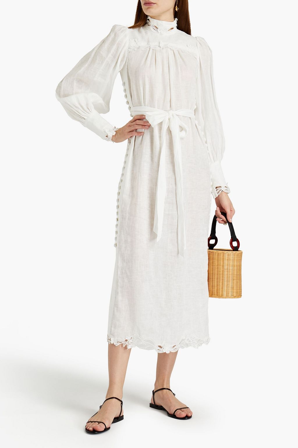 ZIMMERMANN Guipure lace-trimmed linen midi dress