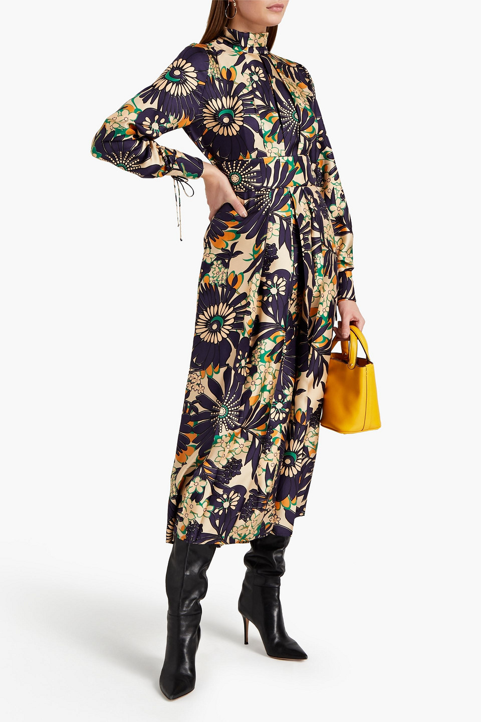 Victoria Beckham Belted Cutout Pleated Floral print Silk twill Midi Dress In Beige ModeSens