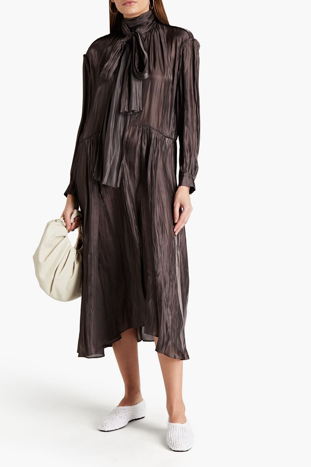 ACNE STUDIOS Pussy-bow tiered crinkled-satin midi dress