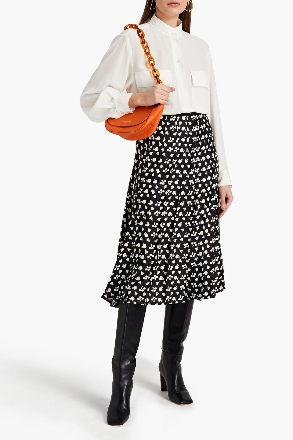 Victoria Beckham Pleated Printed Silk-twill Midi Skirt In Black
