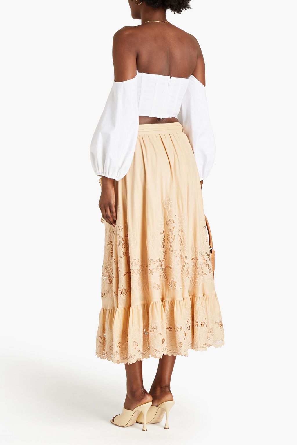 ZIMMERMANN Ruffled gathered broderie anglaise cotton midi wrap skirt