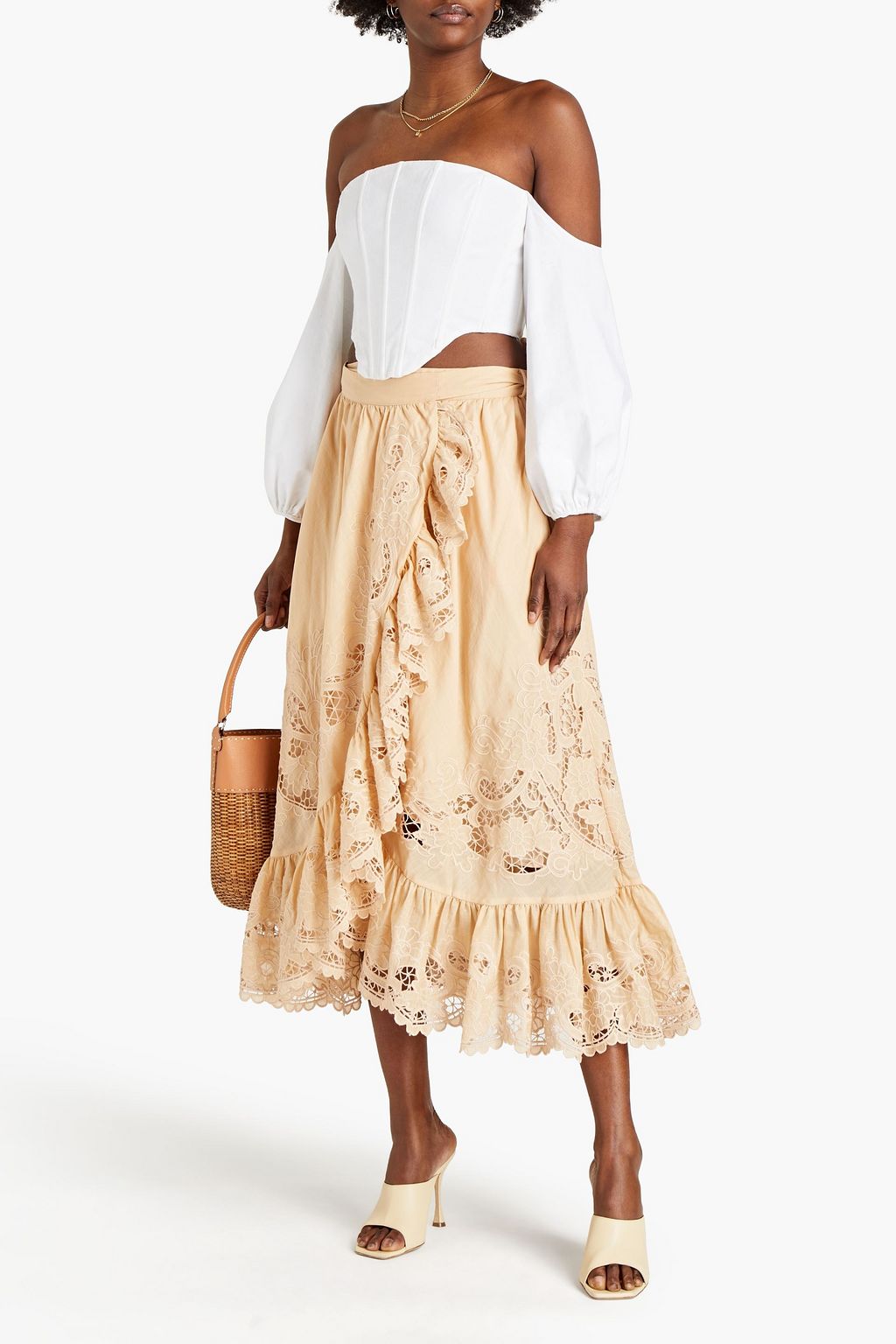 ZIMMERMANN Ruffled gathered broderie anglaise cotton midi wrap skirt