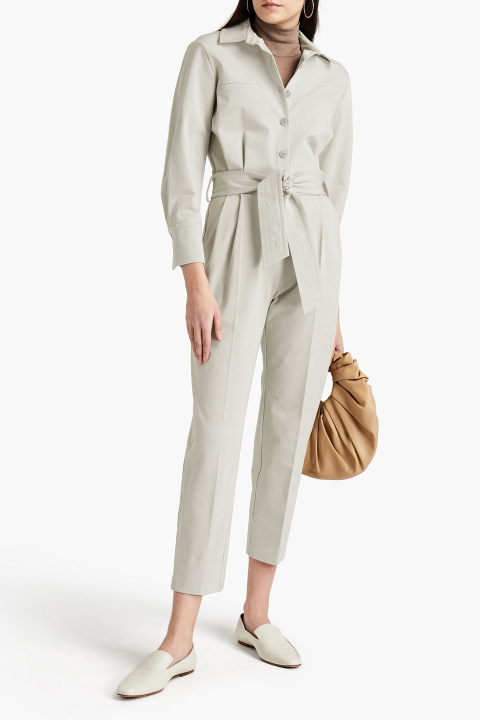 Piece Of White Belted Stretch-gabardine Jumpsuit In Grey