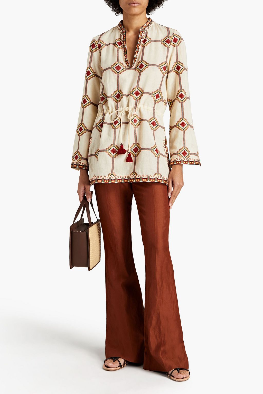 TORY BURCH Embroidered linen and cotton-blend blouse