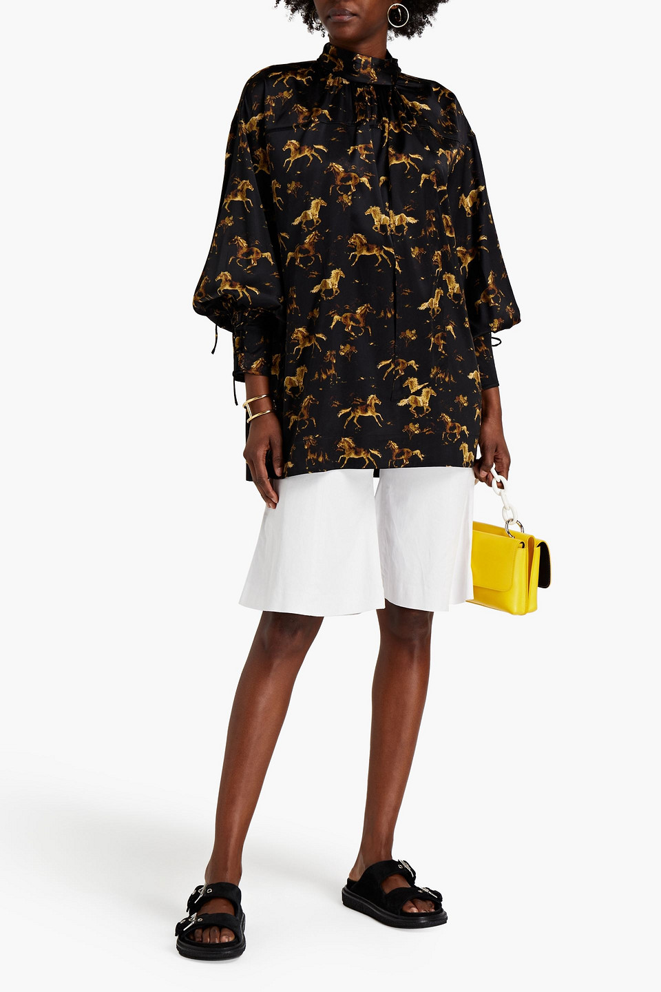 Ganni Tie-neck Printed Stretch-silk Satin Tunic In Black