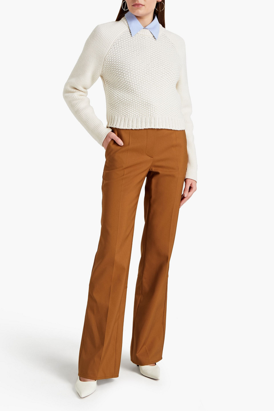 Victoria Beckham Cotton-blend Grain De Poudre Flared Pants In Light Brown