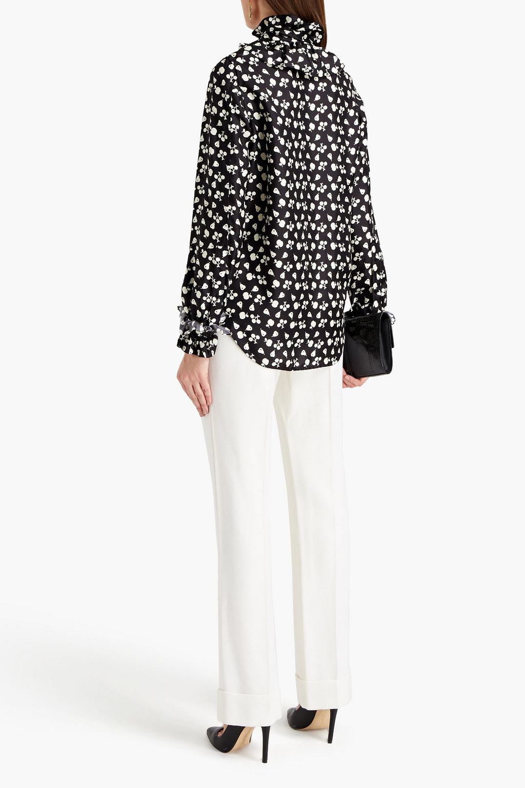 VICTORIA BECKHAM Tie-neck ruffle-trimmed printed silk-twill blouse