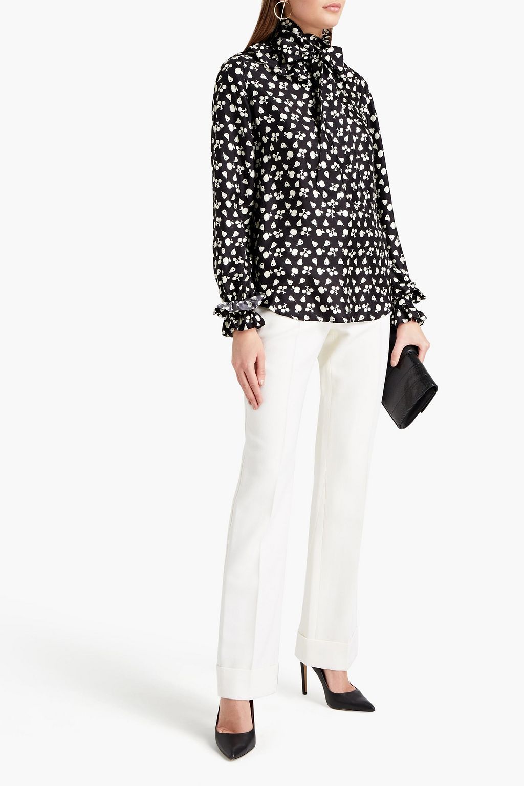 VICTORIA BECKHAM Tie-neck ruffle-trimmed printed silk-twill blouse