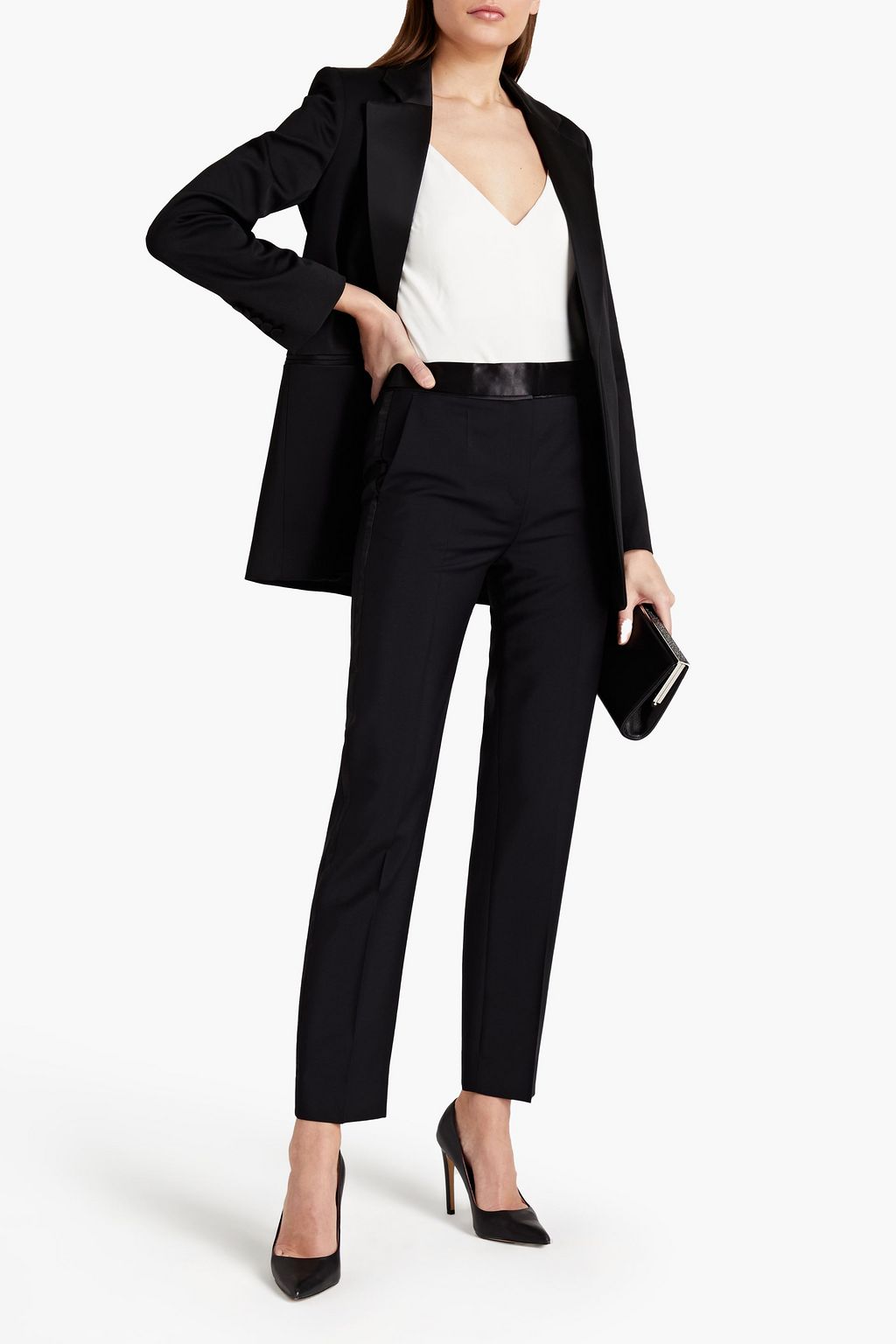 VICTORIA, VICTORIA BECKHAM Satin-trimmed wool-blend straight-leg pants