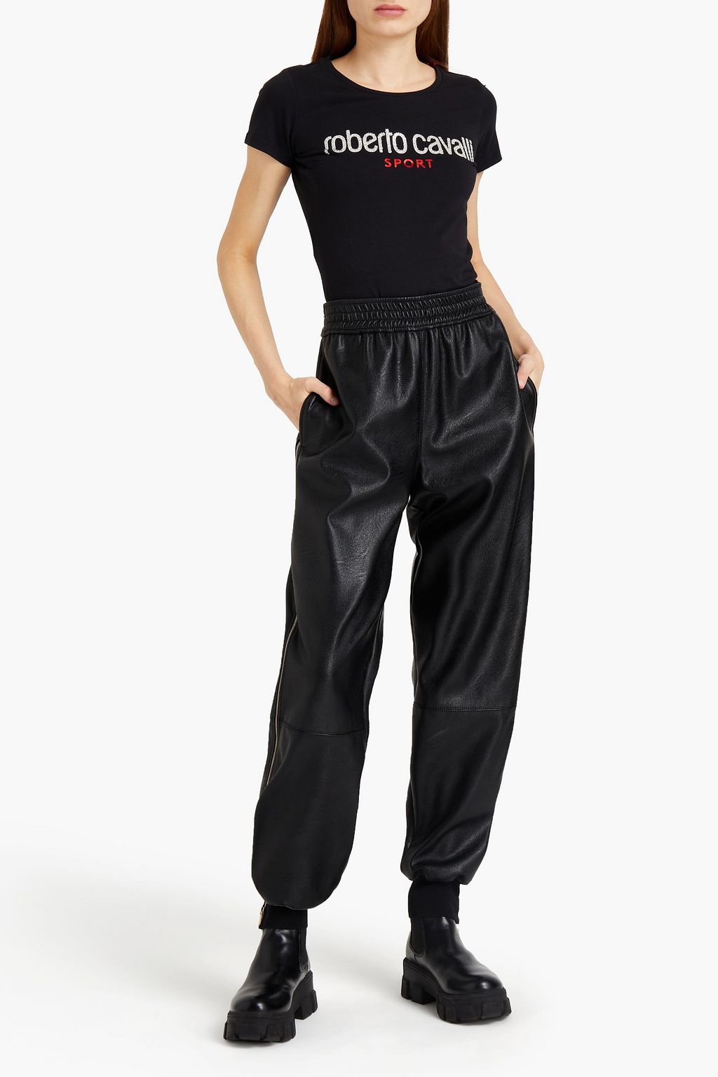 ROBERTO CAVALLI Embellished printed cotton-blend jersey T-shirt