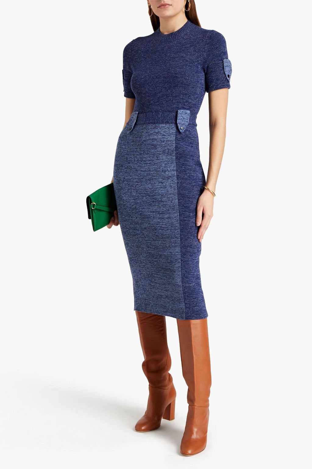 VICTORIA BECKHAM Two-tone mélange ribbed cotton-blend midi dress