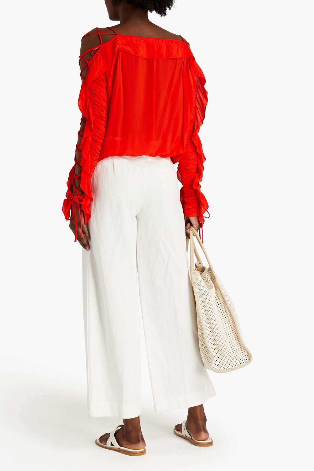RODEBJER Cold-shoulder ruffled crepe de chine top