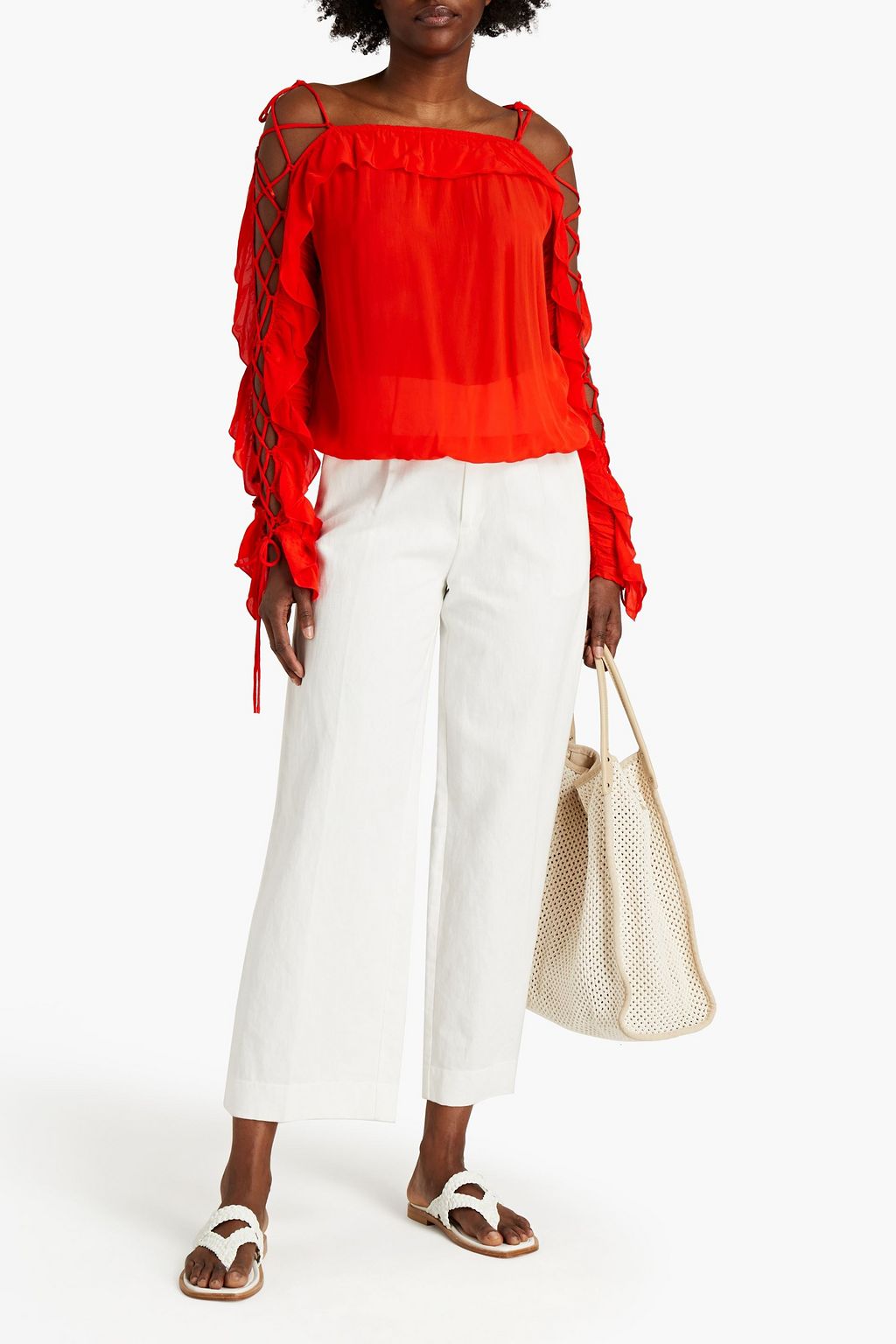 RODEBJER Cold-shoulder ruffled crepe de chine top