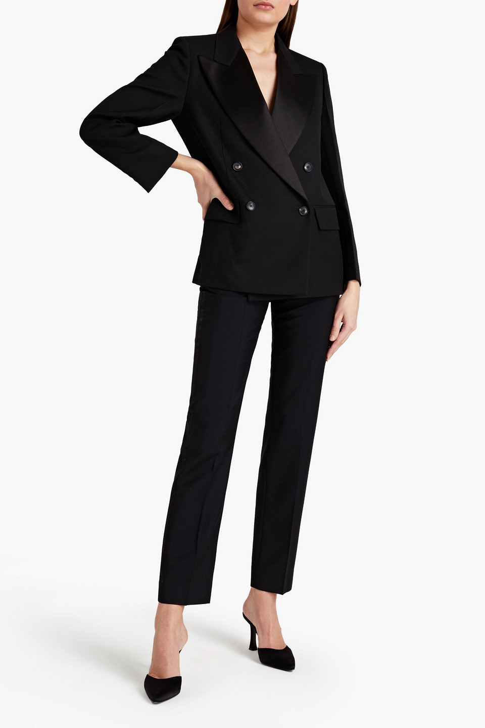 Victoria Beckham Double-breasted Satin-trimmed Wool-twill Blazer In Black