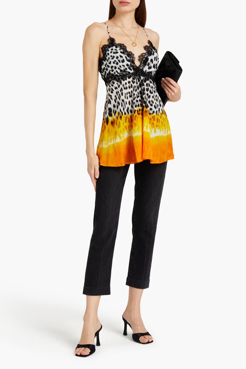 ROBERTO CAVALLI Lace-trimmed printed silk crepe de chine camisole