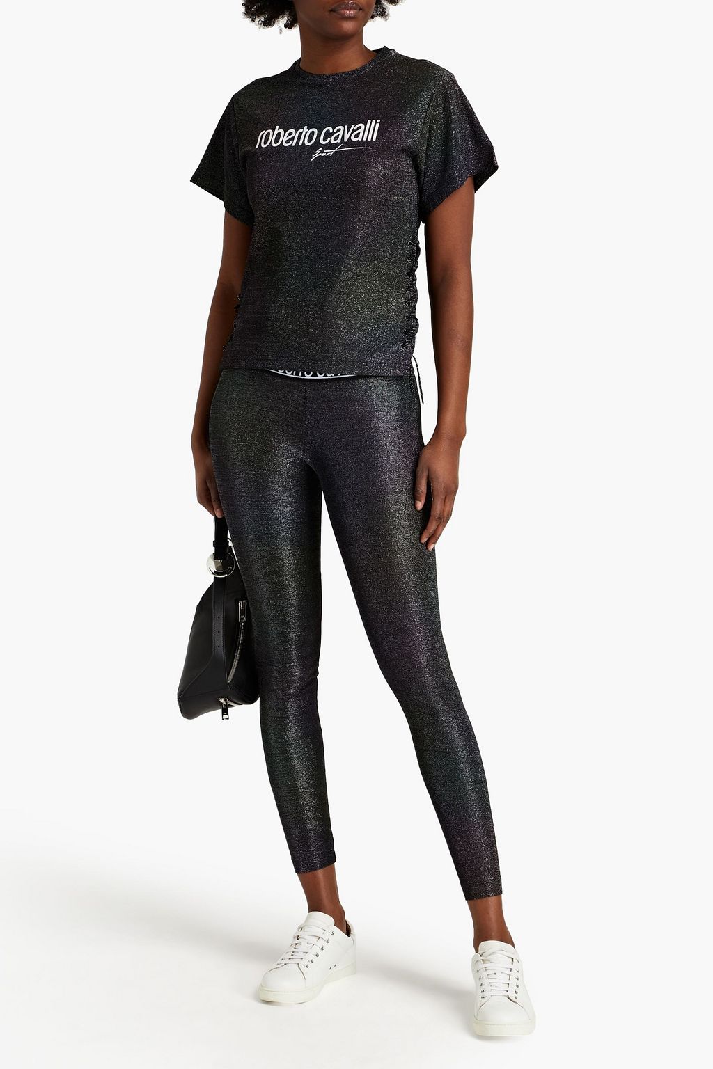 ROBERTO CAVALLI Lace-up metallic printed jersey T-shirt