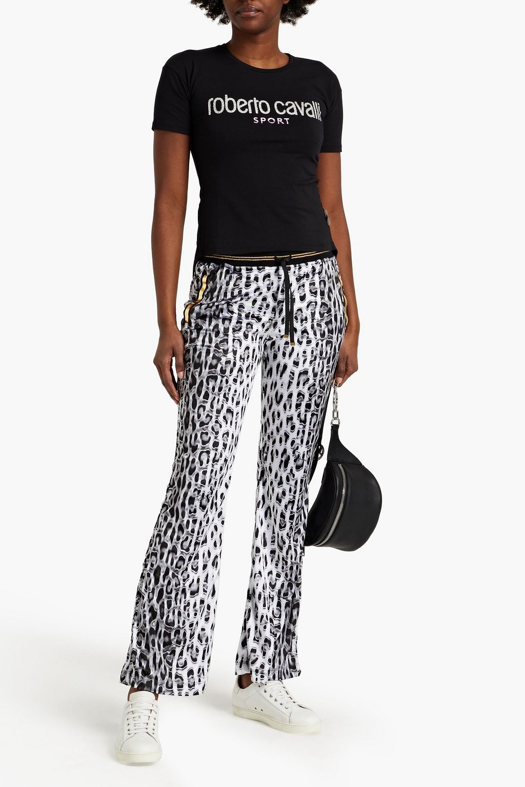 ROBERTO CAVALLI Embellished printed cotton-blend jersey T-shirt