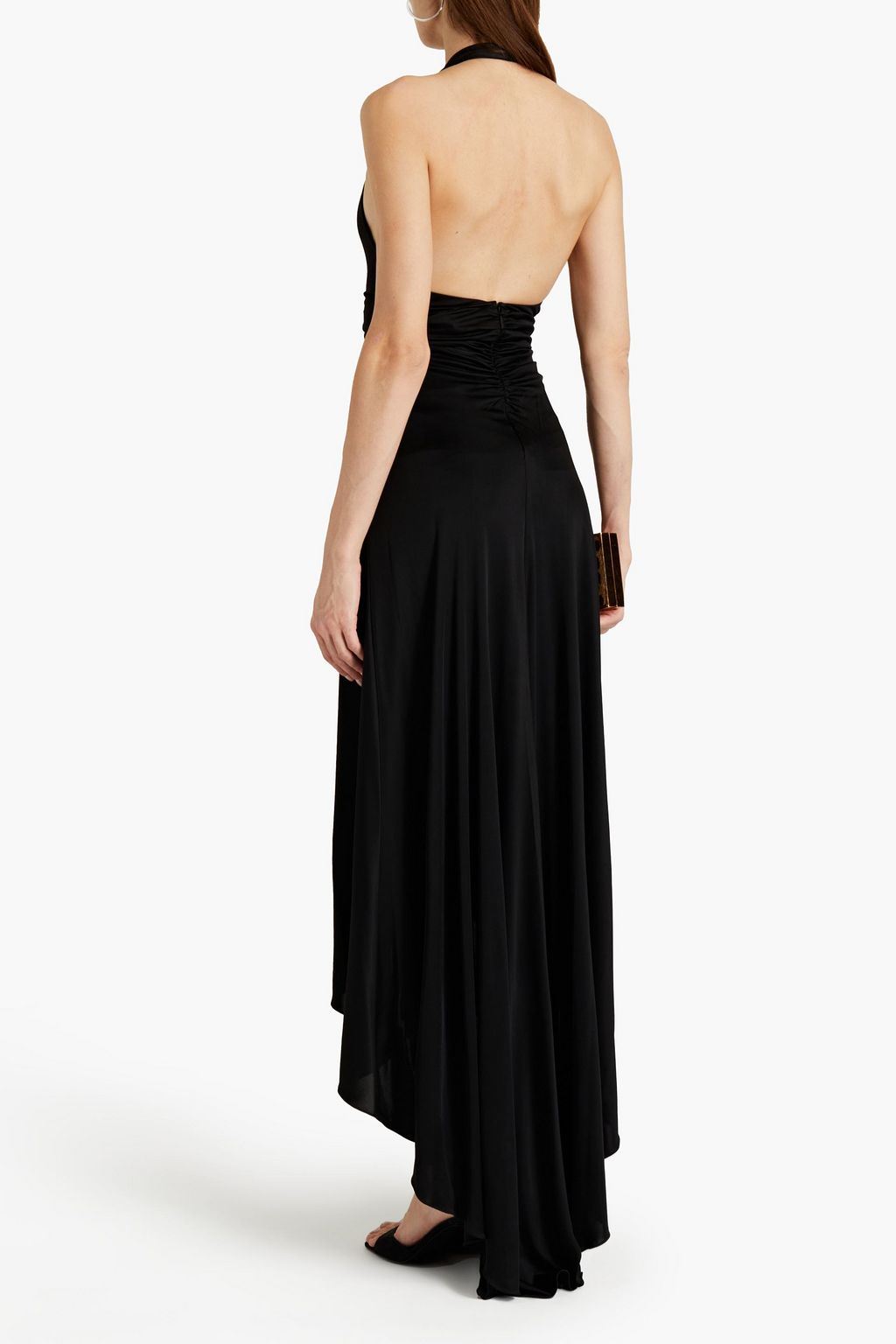 ROBERTO CAVALLI Embellished ruched satin-jersey halterneck midi dress