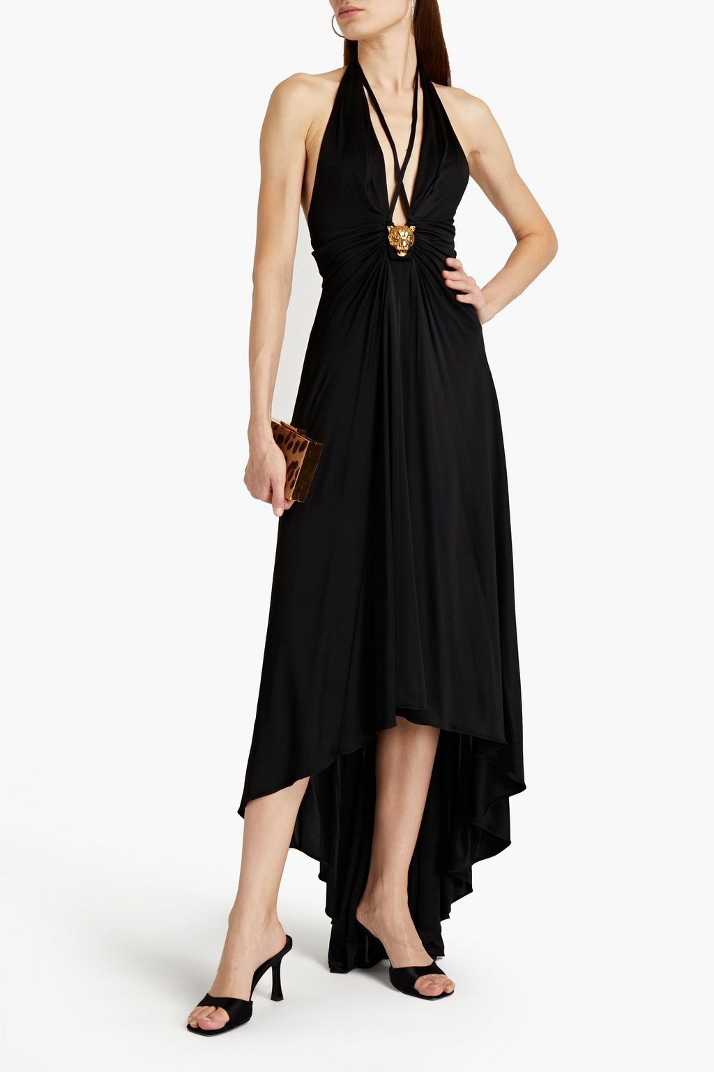 ROBERTO CAVALLI Embellished ruched satin-jersey halterneck midi dress