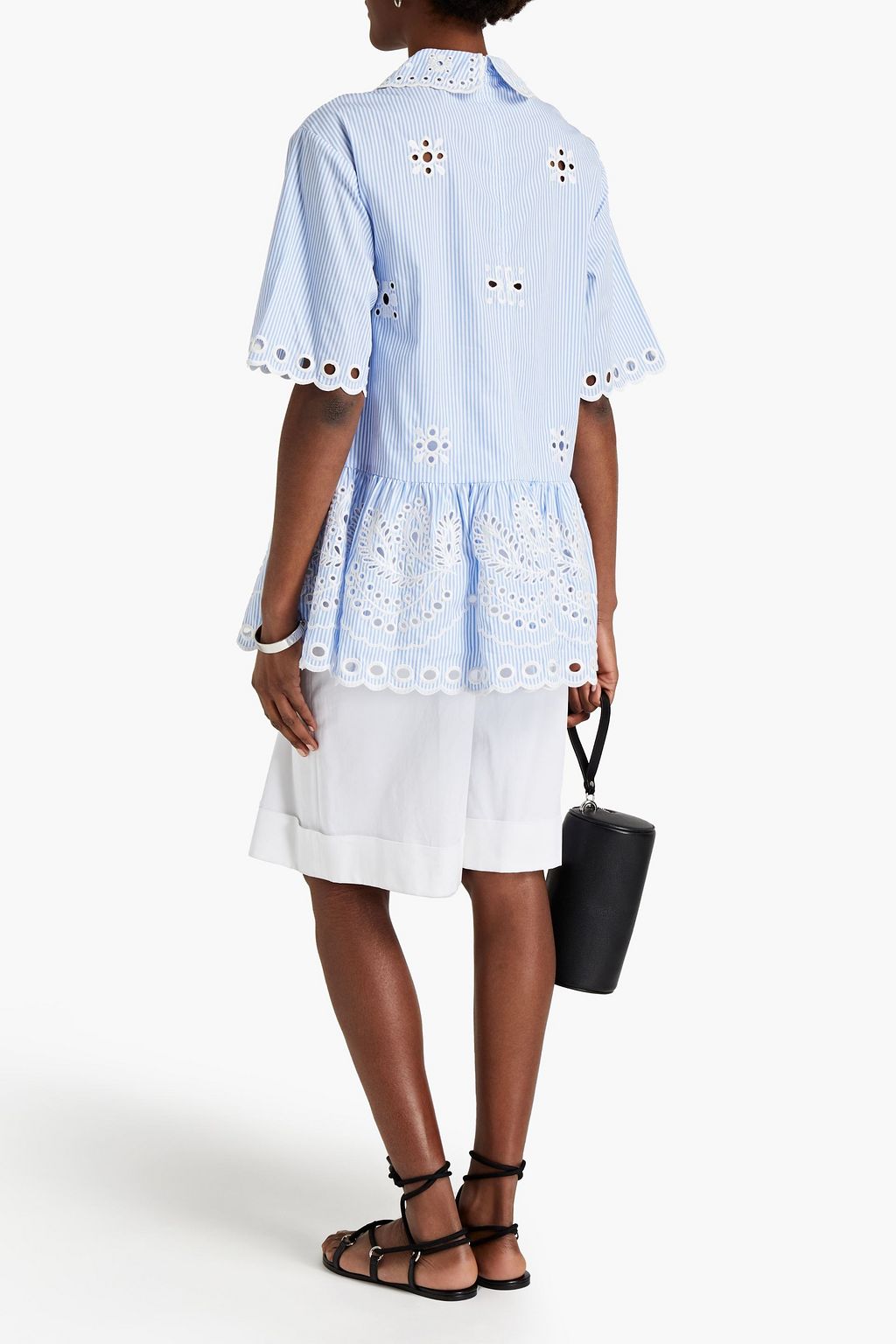 REDVALENTINO Scalloped striped broderie anglaise cotton peplum top