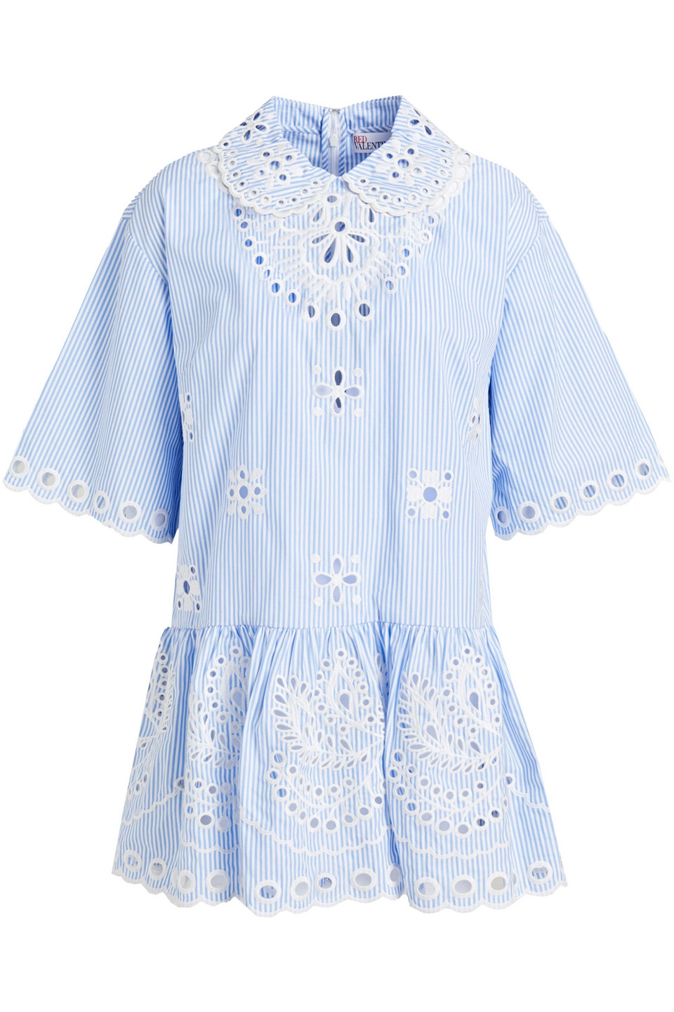 Redvalentino Woman Scalloped Striped Broderie Anglaise Cotton Peplum Top Light Blue Size 40