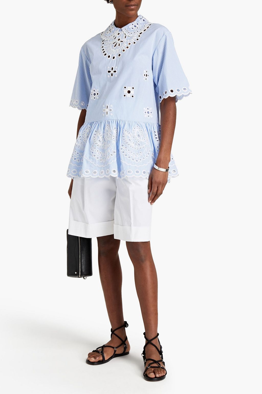 REDVALENTINO Scalloped striped broderie anglaise cotton peplum top