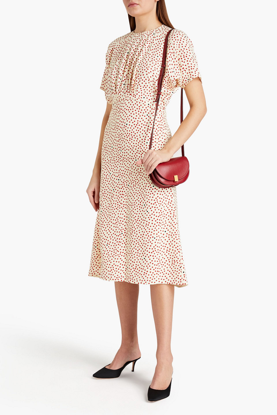 Victoria Beckham Pleated Polka-dot Stretch-crepe Midi Dress In Cream