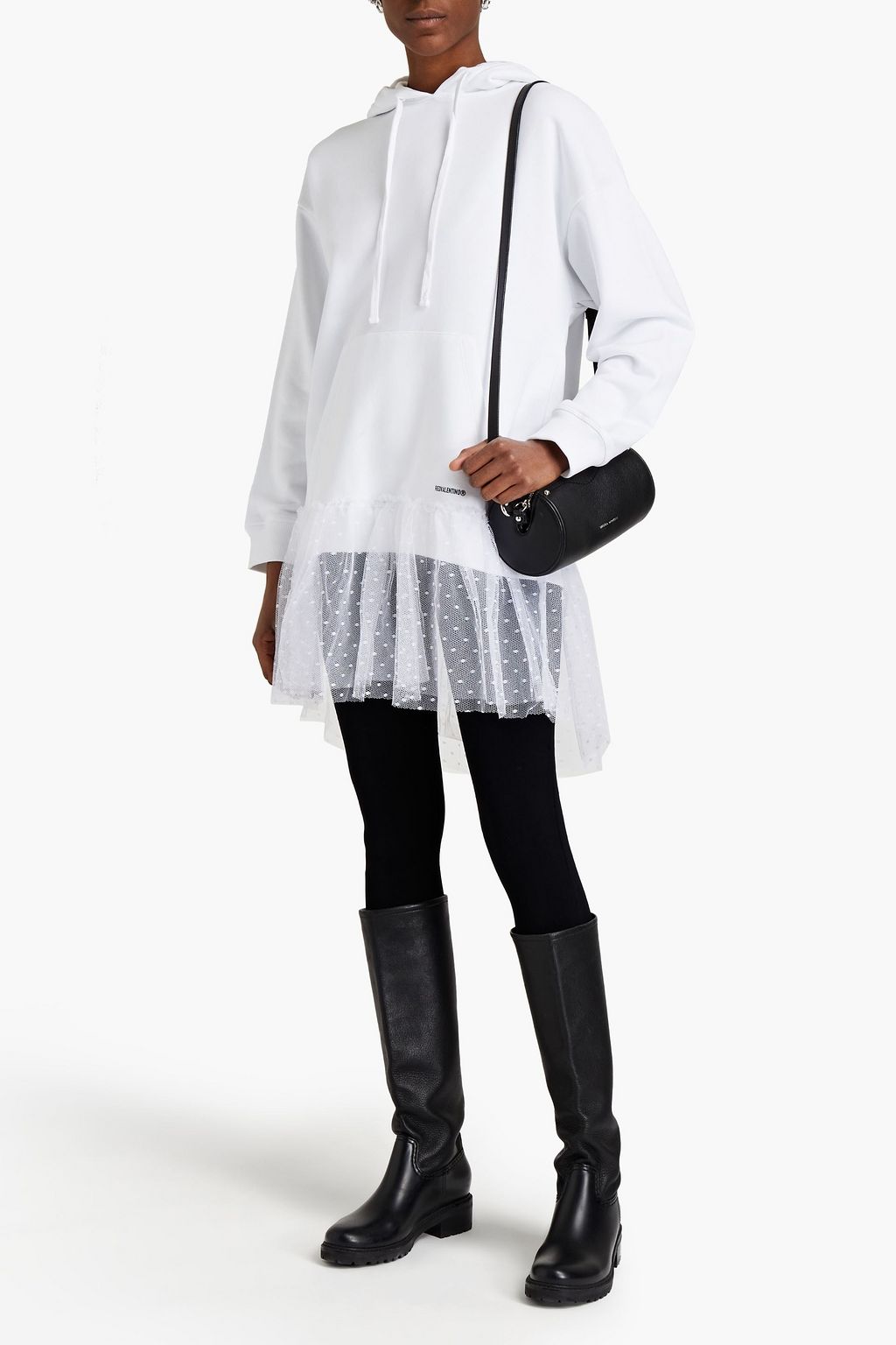 REDVALENTINO Point d'esprit-paneled French cotton-blend terry hooded mini dress
