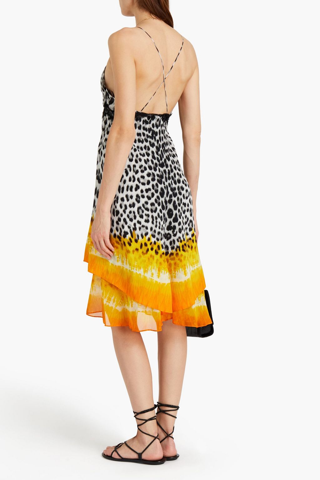 ROBERTO CAVALLI Lace-trimmed printed silk crepe de chine slip dress