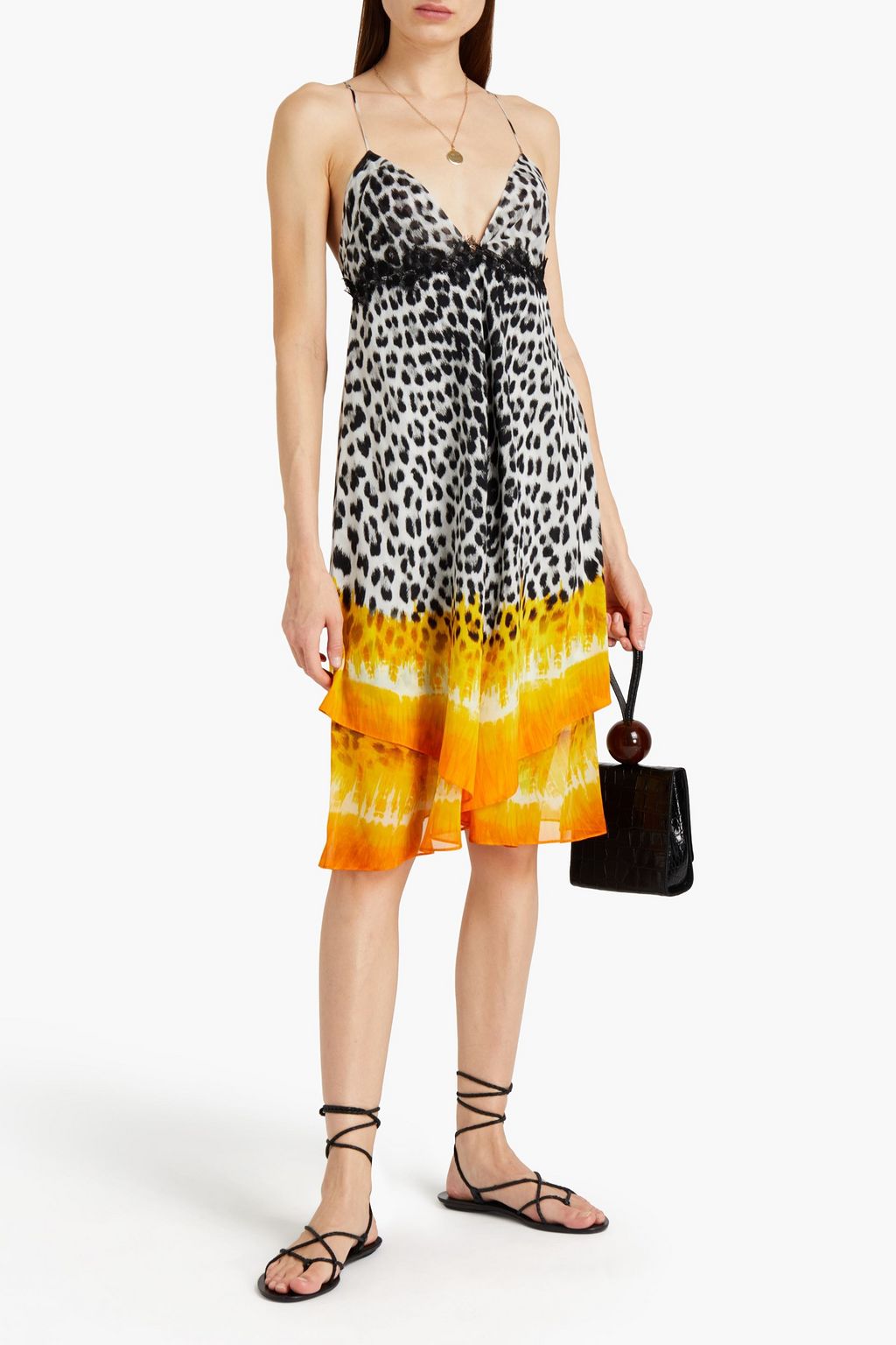 ROBERTO CAVALLI Lace-trimmed printed silk crepe de chine slip dress