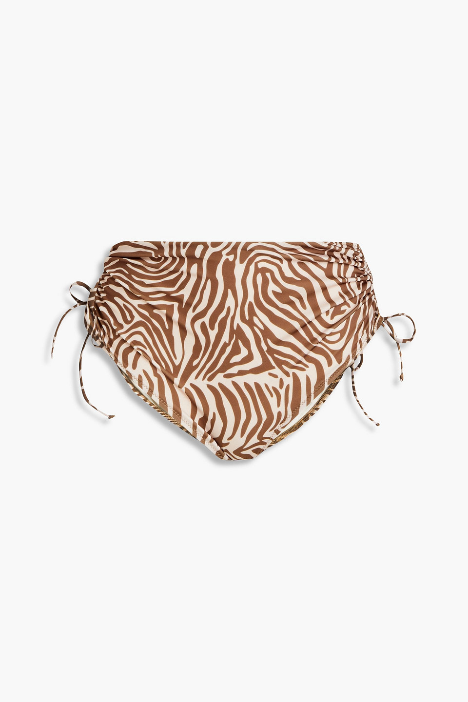 Samsoe & Samsoe Gytea Ruched Zebra-print High-rise Bikini Briefs In Brown