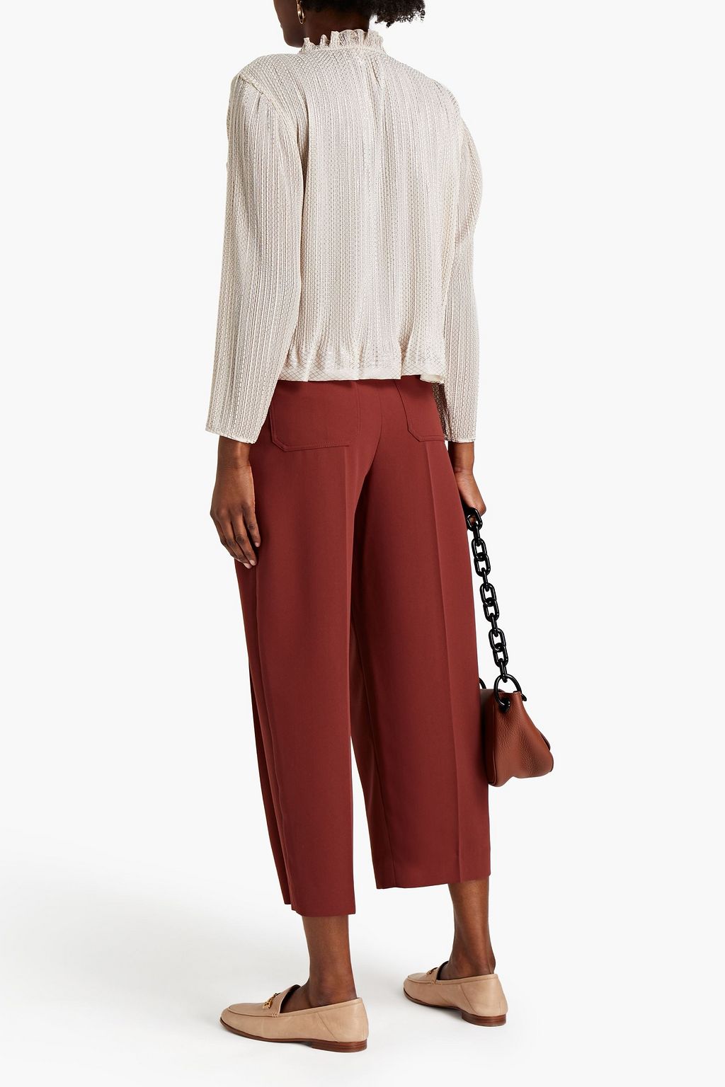 SEE BY CHLOÉ Ruffle-trimmed plissé metallic printed chiffon blouse