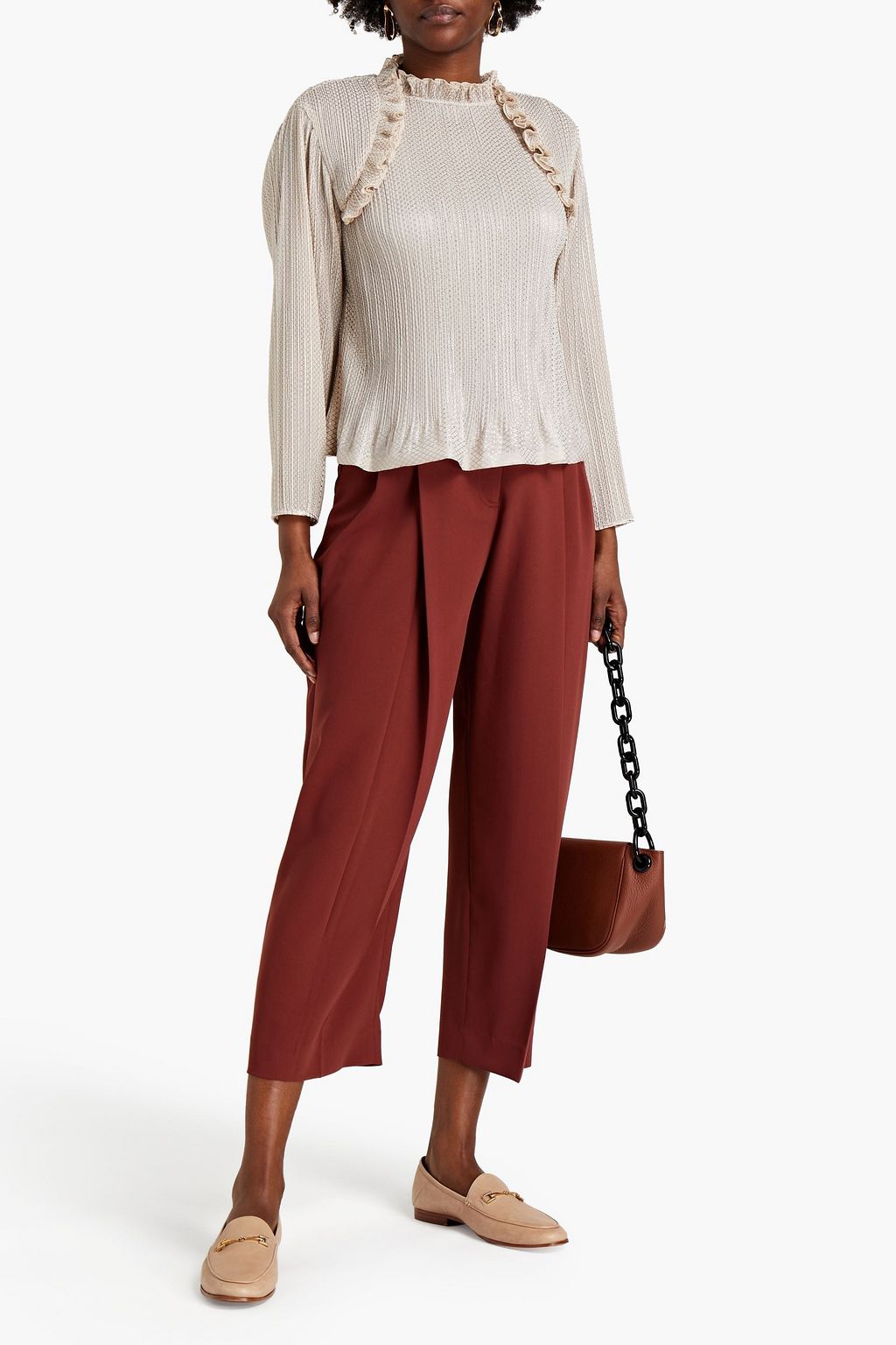 SEE BY CHLOÉ Ruffle-trimmed plissé metallic printed chiffon blouse