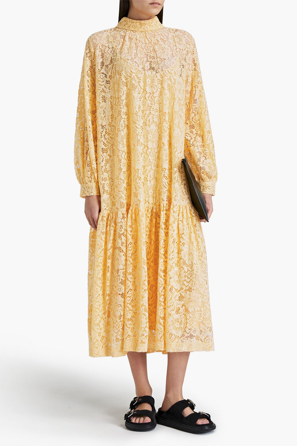 Samsoe & Samsoe Gathered Corded Lace Midi Dress In Yellow