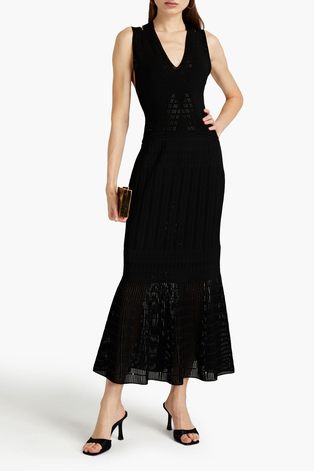 ROBERTO CAVALLI Pointelle-trimmed ribbed stretch-knit midi dress
