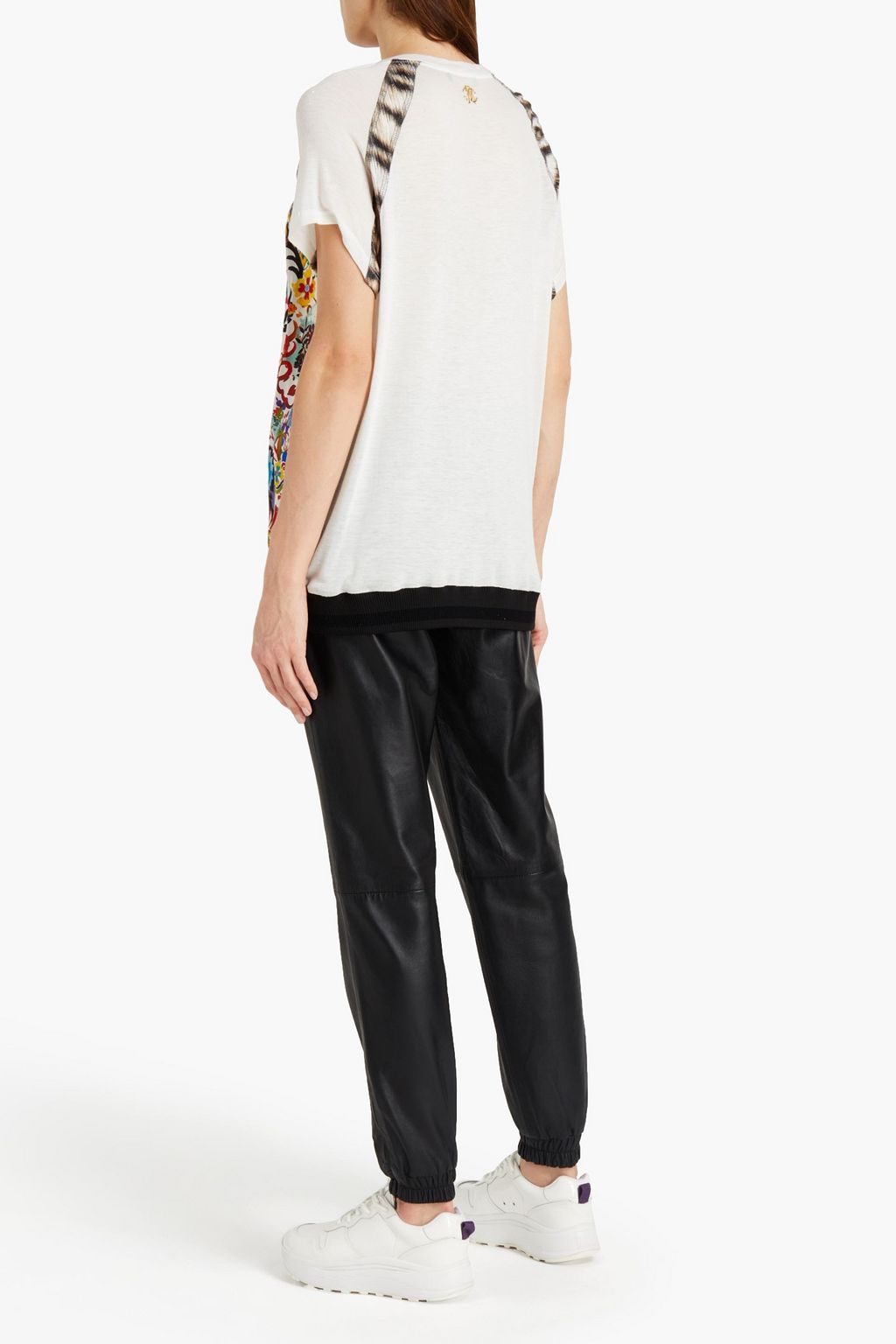 ROBERTO CAVALLI Floral-print twill-paneled jersey top