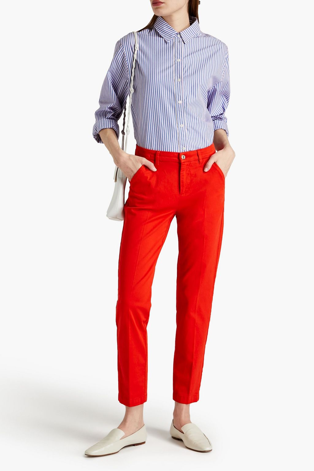 7 FOR ALL MANKIND Leather-trimmed cotton-blend twill tapered pants