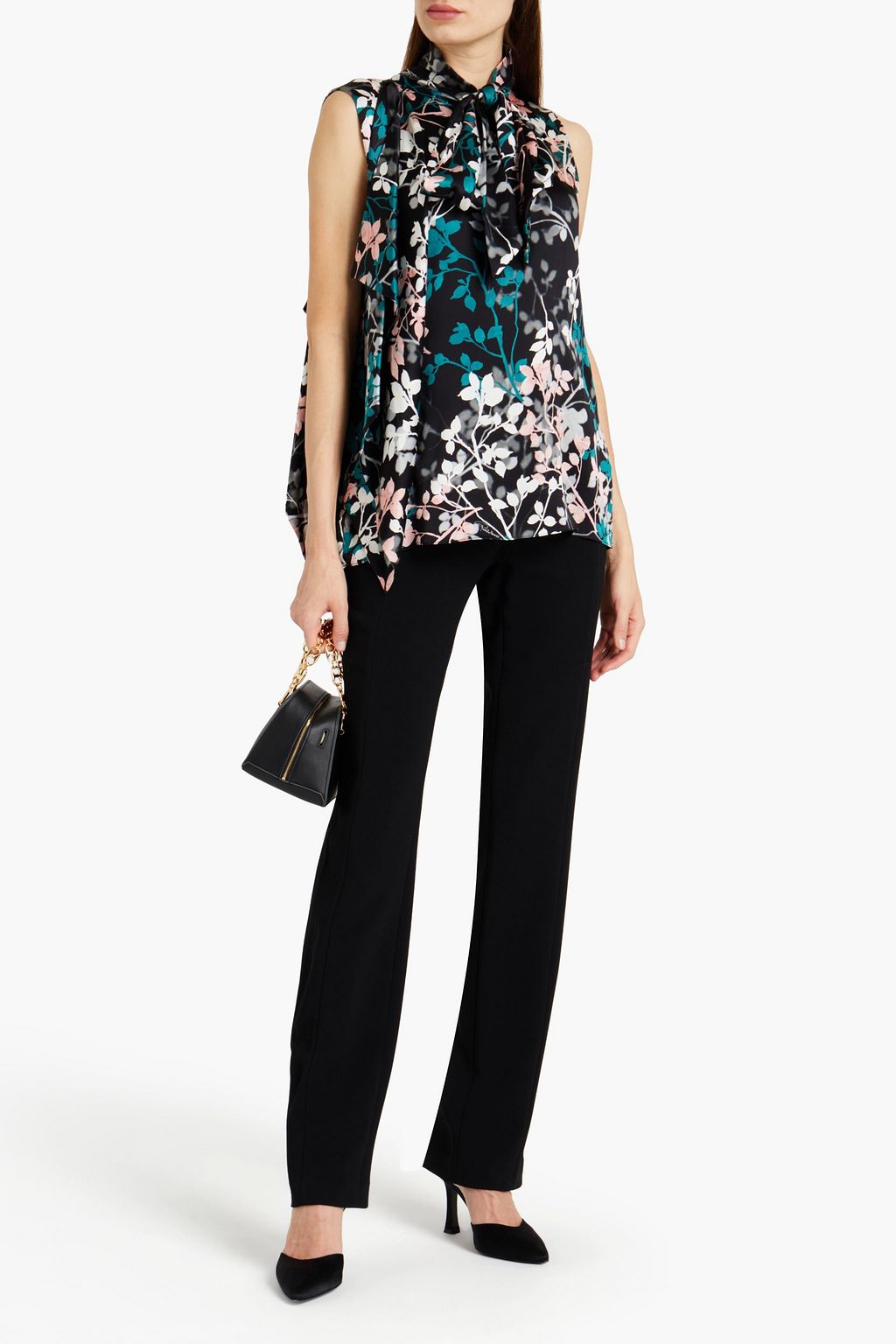ROBERTO CAVALLI Pussy-bow floral-print silk-satin top