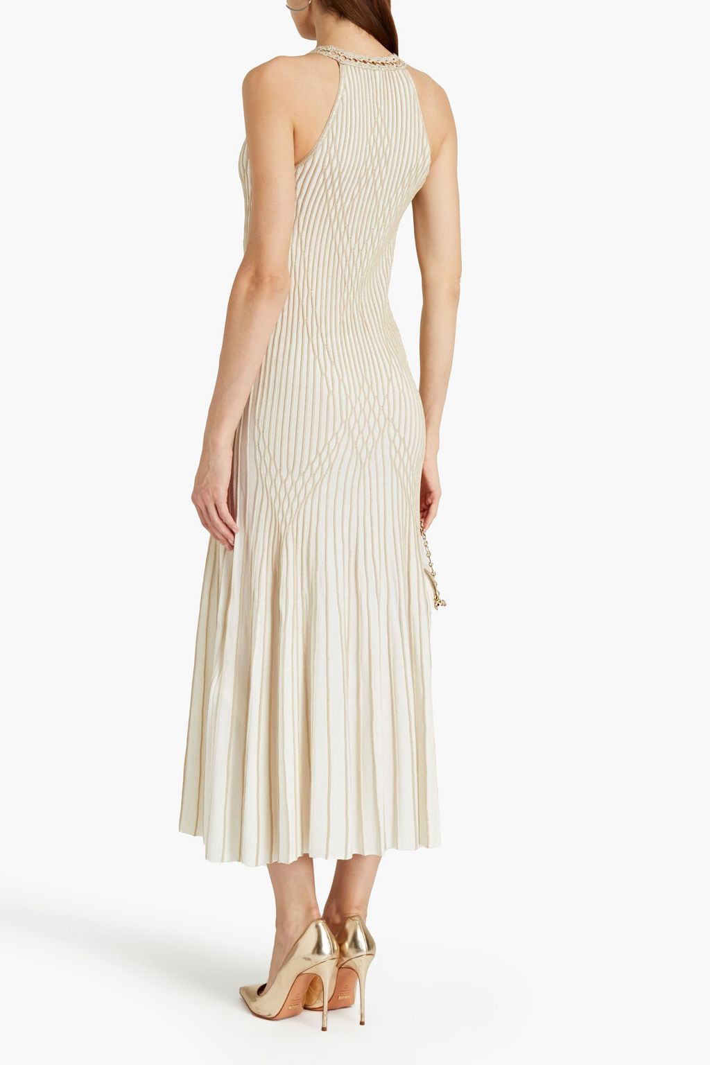 ROBERTO CAVALLI Crochet-trimmed metallic knitted midi dress